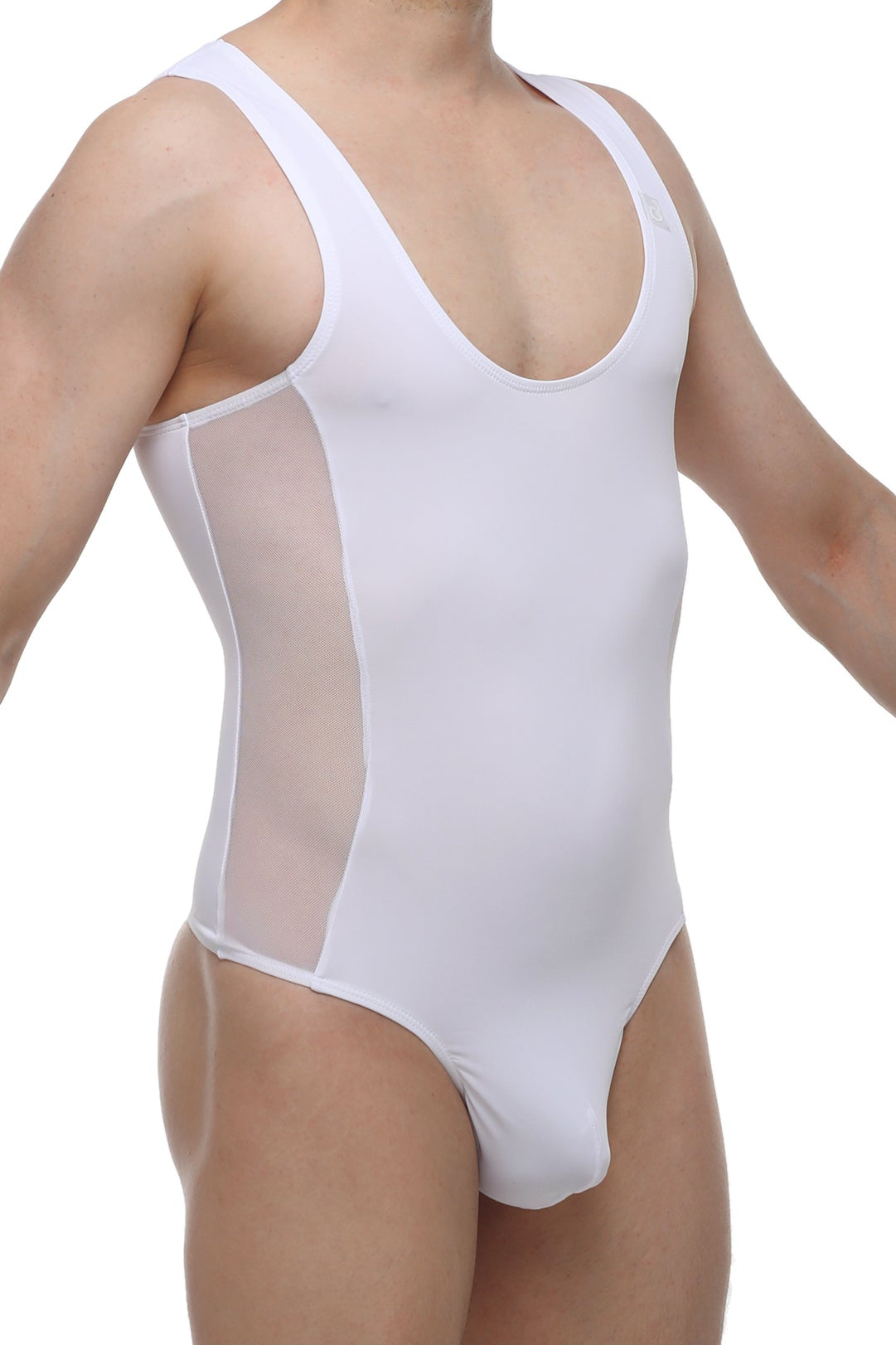 PetitQ bodysuit Raix white one-piece swimsuit with sheer mesh panels on the sides for stylish swimwear look