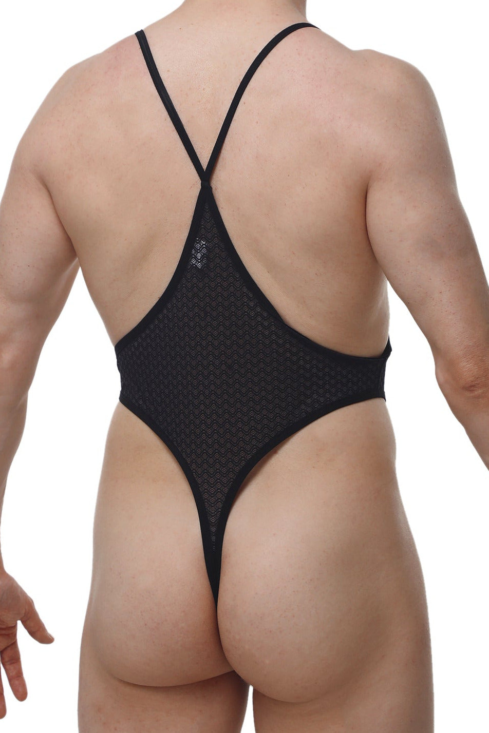 PetitQ bodythong causson macra black black mesh one-piece swimsuit with thin crisscross straps and low-cut back shown