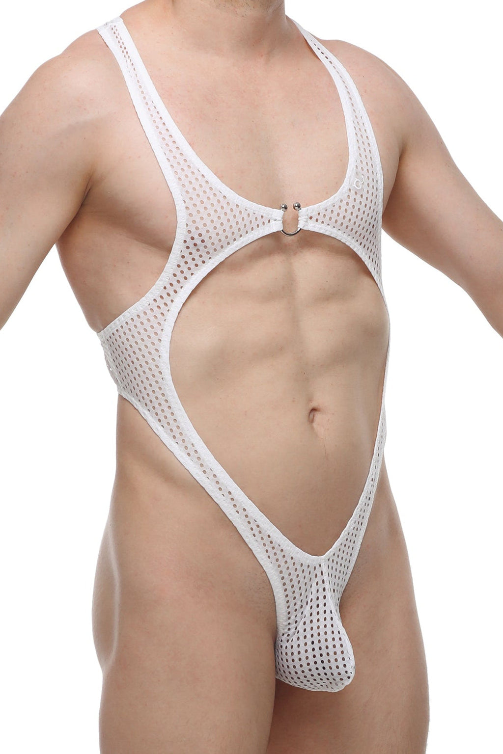 White mesh one-piece swimsuit petitq bodythong journy durtol white with plunging neckline and open-back design