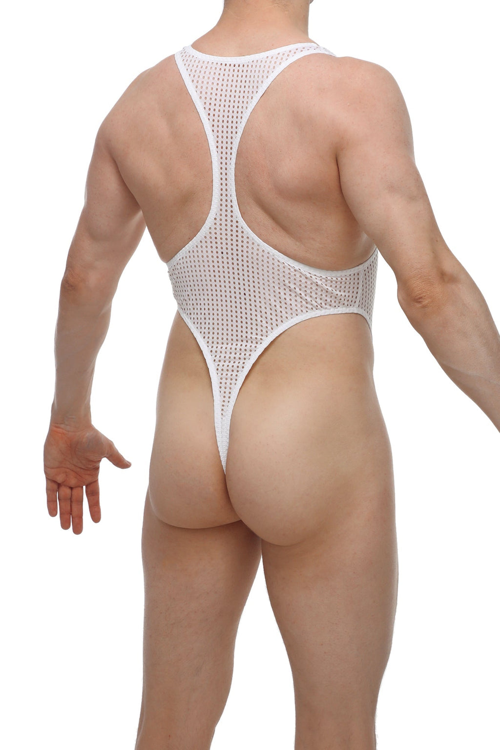Petitq bodythong journy durtol white mesh one-piece swimsuit with high-cut leg and racerback straps back view