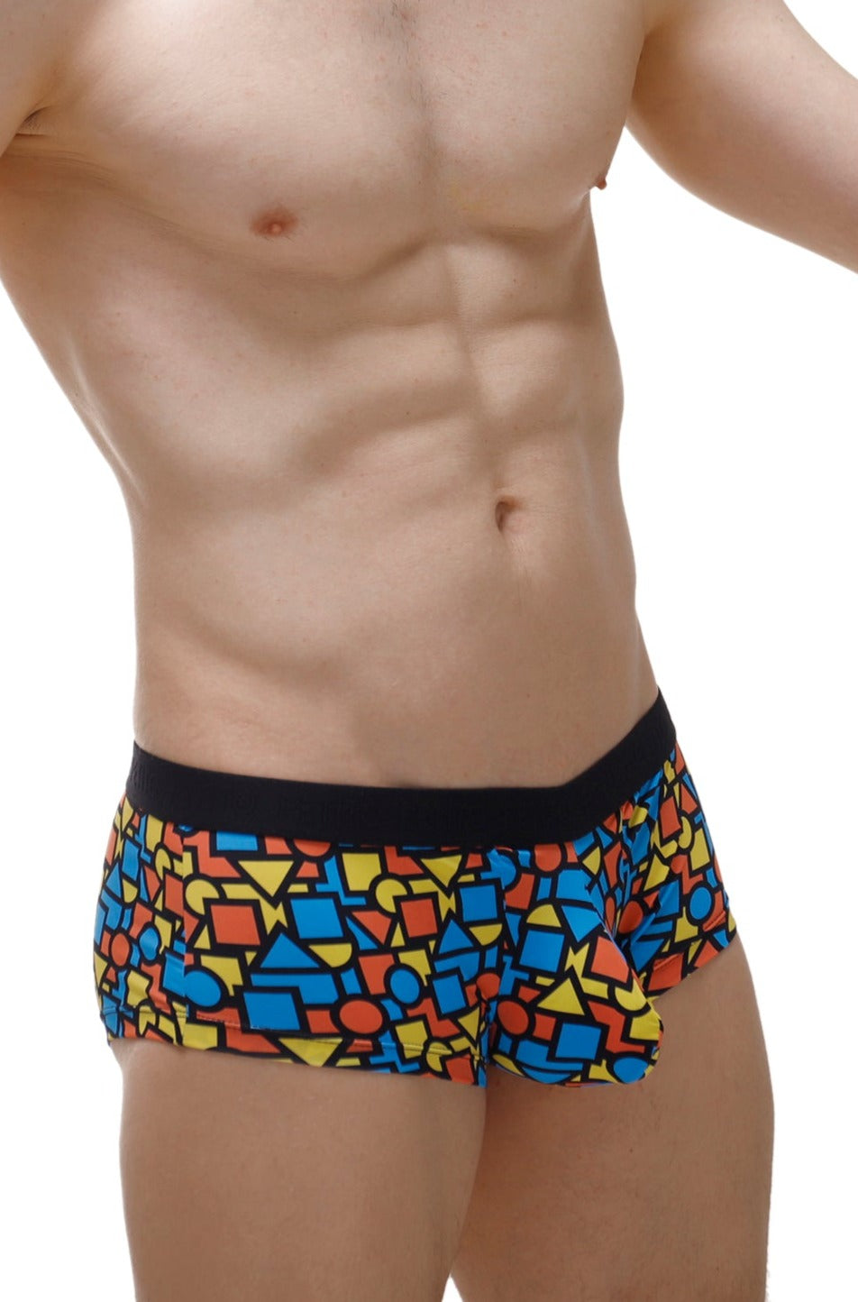 PetitQ boxer brief Mondi vibrant geometric patterned men’s swim trunks with black waistband for swimming use