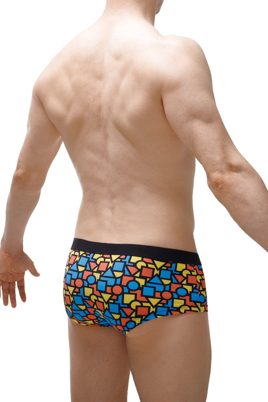 Vibrant geometric-patterned petitq boxer brief mondi men’s briefs with bold black waistband for comfortable wear