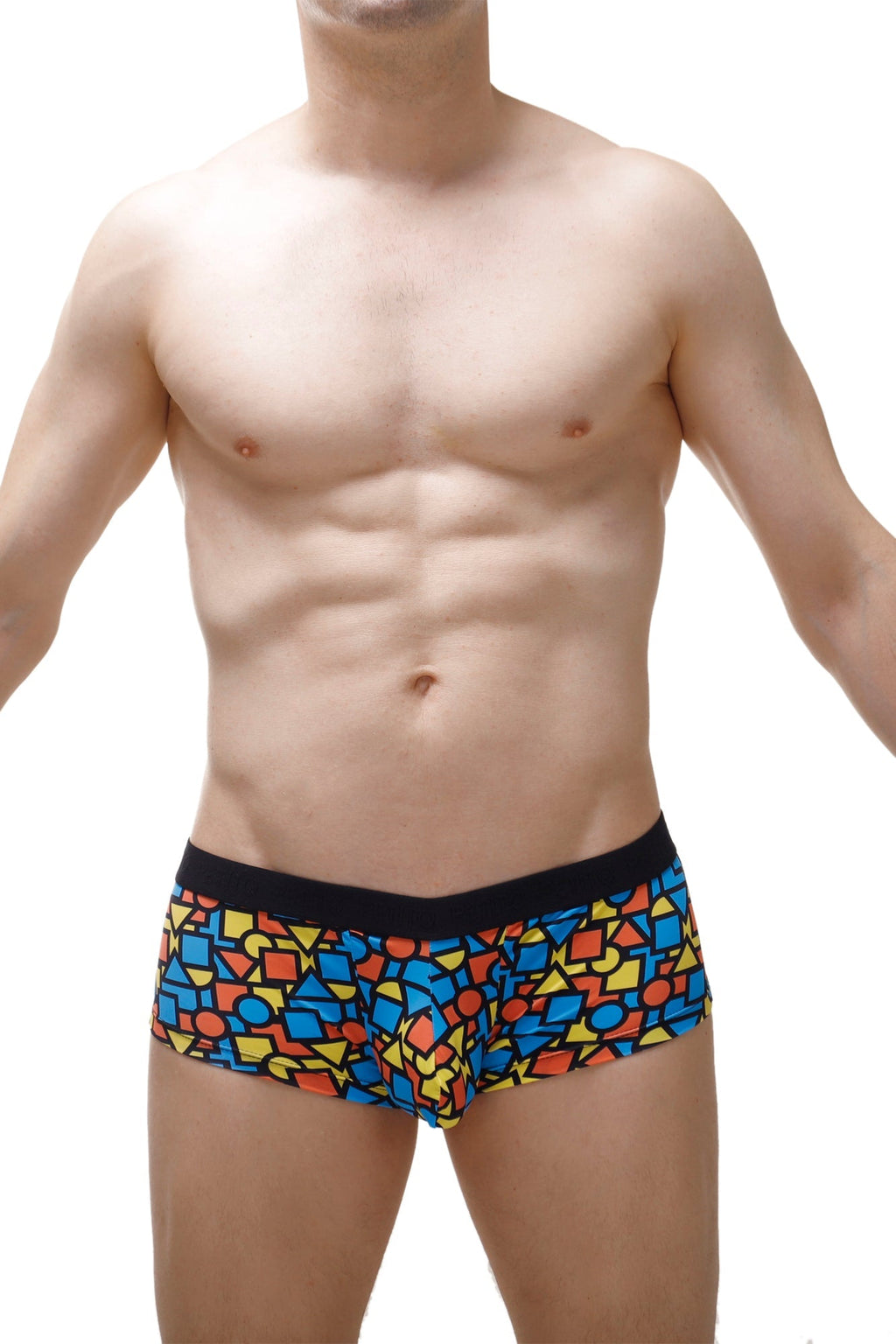 Colorful geometric patterned men’s briefs with black waistband petitq boxer brief mondi front view