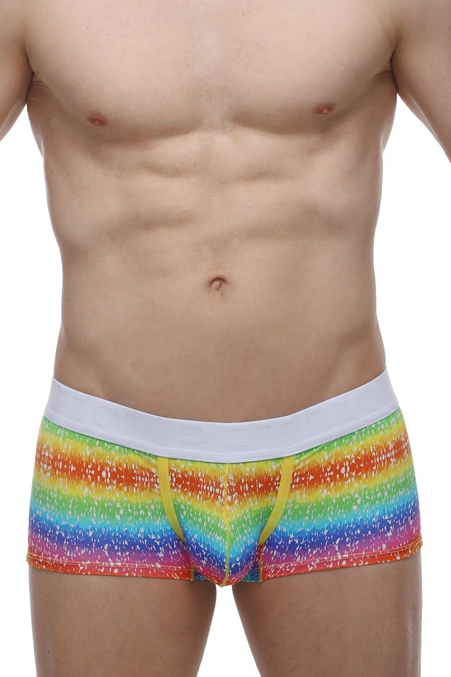 PetitQ boxer brief rainbow with rainbow stripes white waistband and yellow drawstrings men’s comfortable underwear