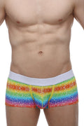 PetitQ boxer brief rainbow with rainbow stripes white waistband and yellow drawstrings men’s comfortable underwear
