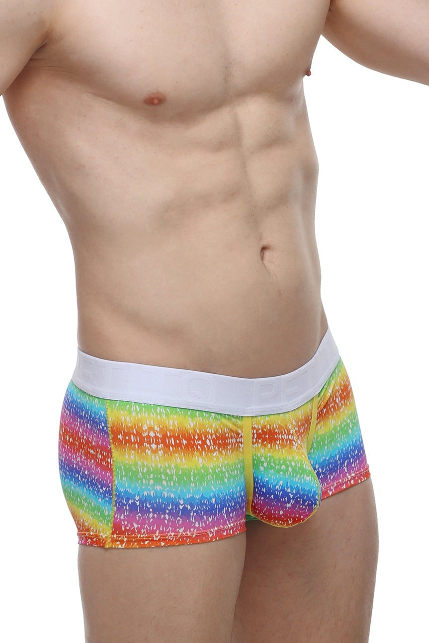 Petitq boxer brief rainbow in rainbow stripes with white elastic waistband and speckled texture for men