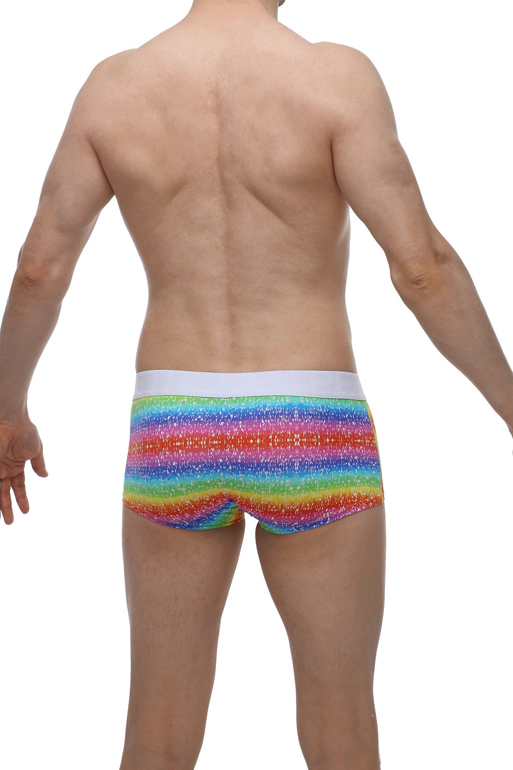 Petitq boxer brief rainbow men’s briefs with rainbow stripes glittery fabric and white waistband front side visible