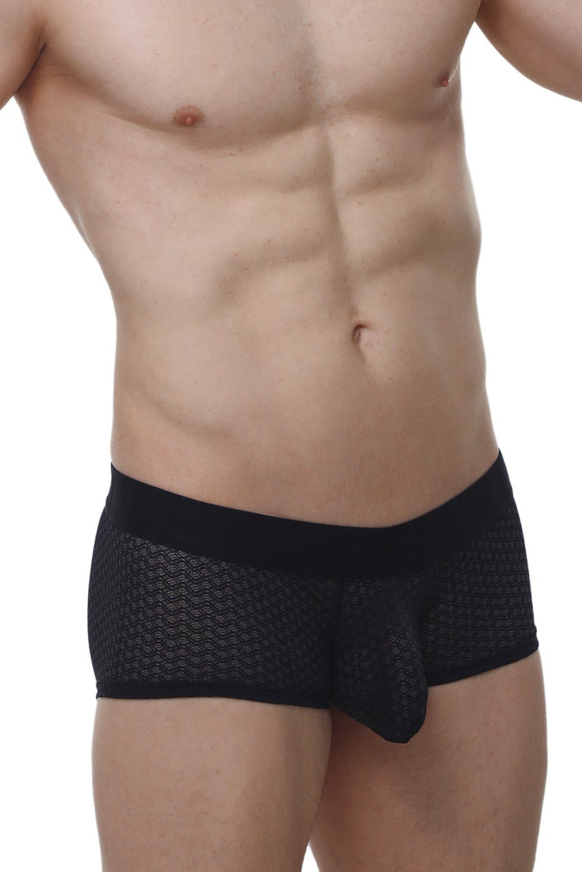 PetitQ boxer Chillax Macra black mesh briefs with solid black waistband and central pouch for breathable comfort