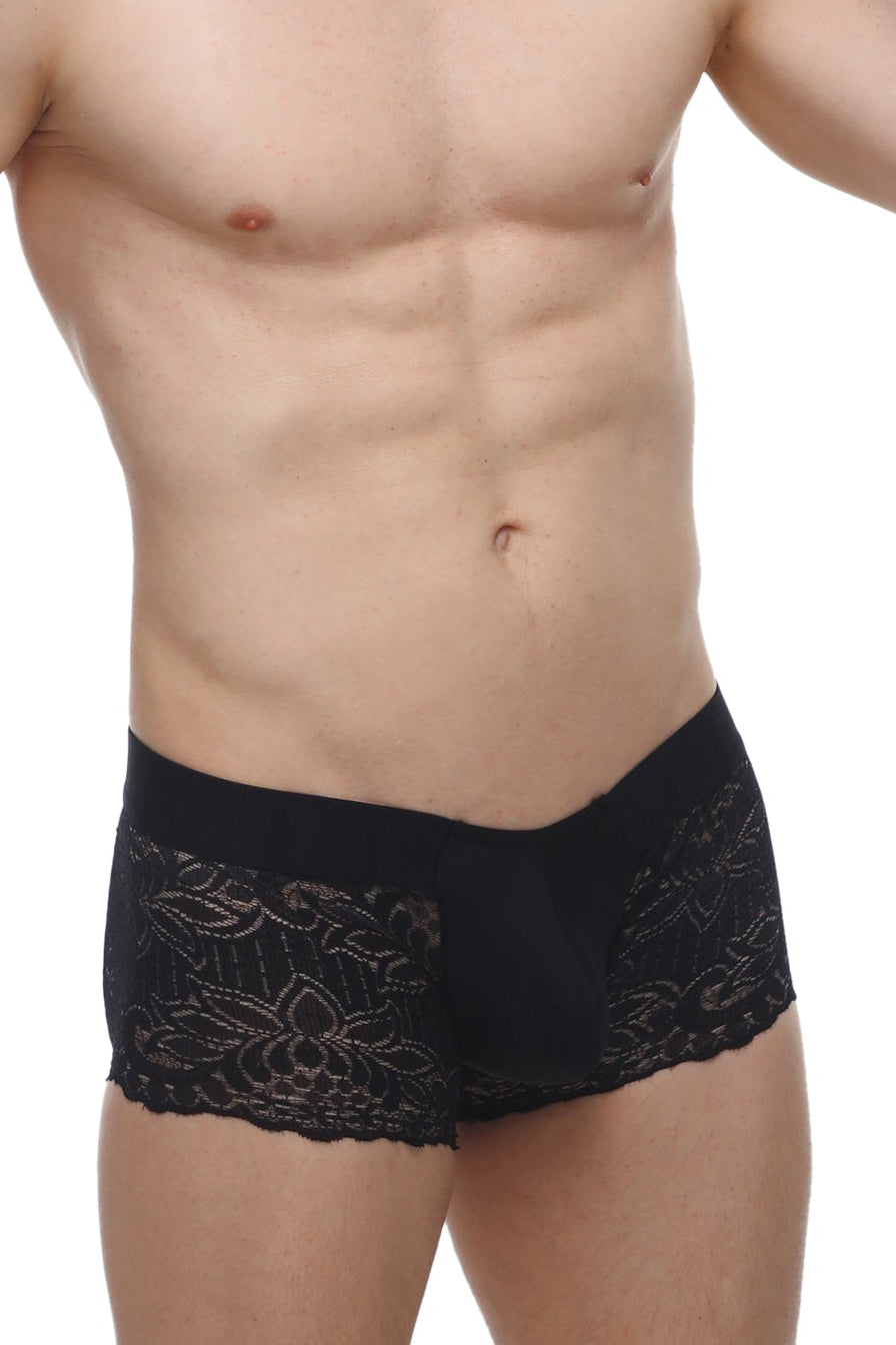 PetitQ boxer lace giers black briefs with black lace trim and intricate floral patterns in delicate fabric