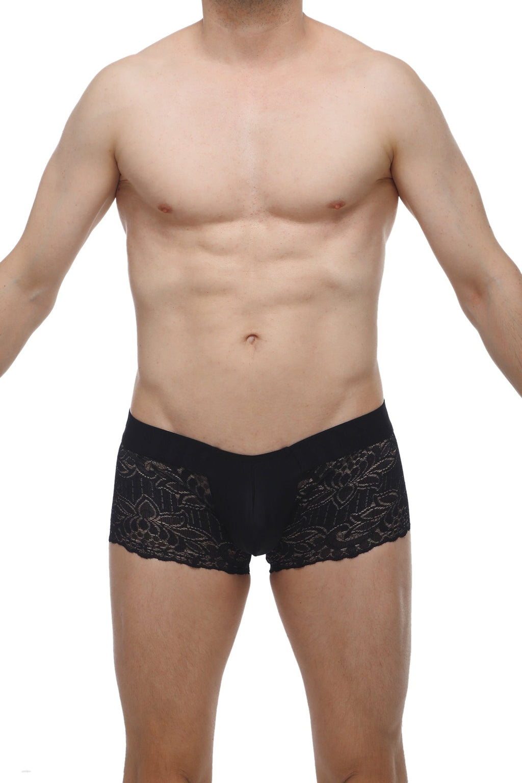 Petitq boxer lace giers black men’s briefs with black lace trim and delicate floral embroidery along the sides