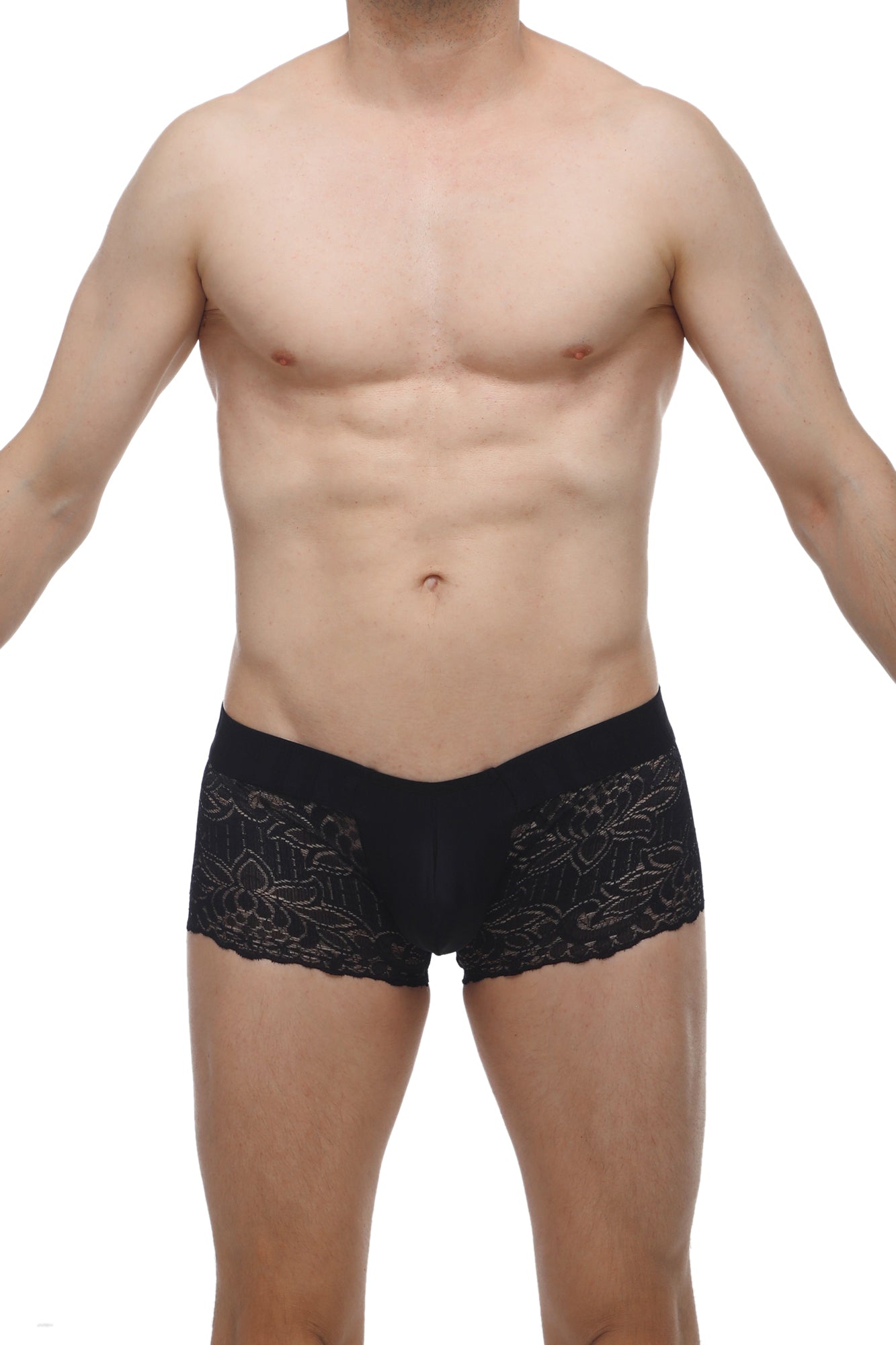 Petitq boxer lace giers black men’s briefs with black lace trim and delicate floral embroidery along the sides