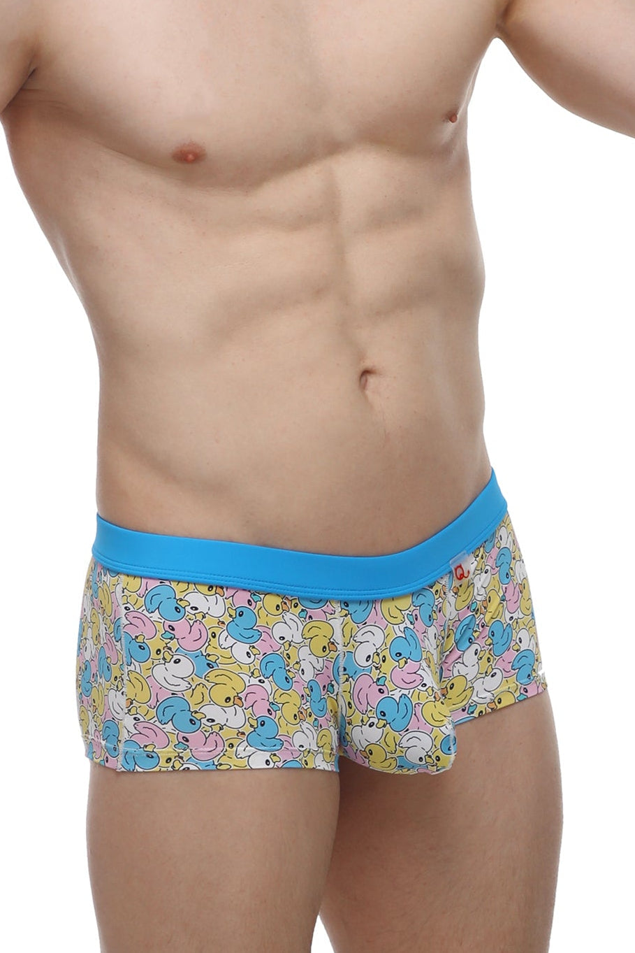 PetitQ boxer Meljac Duckies features a bright blue elastic waistband with pastel cartoon ducks on yellow fabric