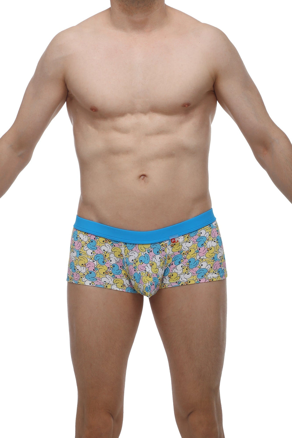 Blue-trimmed petitq boxer meljac duckies men’s briefs with pastel cartoon duck pattern on light background