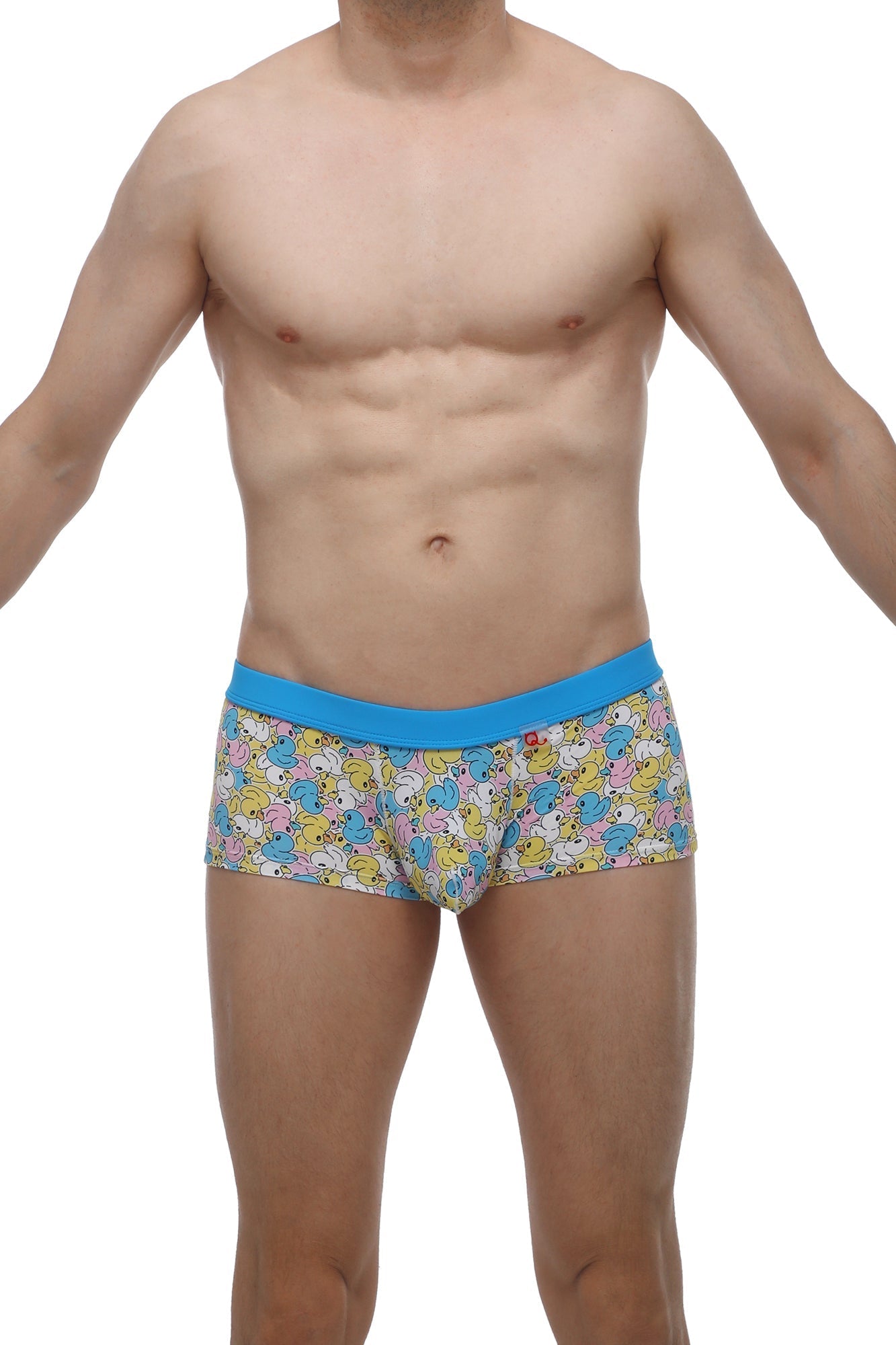 Blue-trimmed petitq boxer meljac duckies men’s briefs with pastel cartoon duck pattern on light background