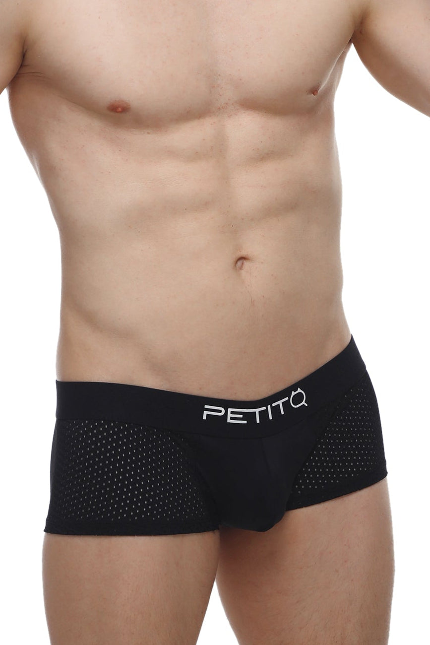Black mesh PetitQ boxer oncieux bee briefs with white PetitQ logo on waistband