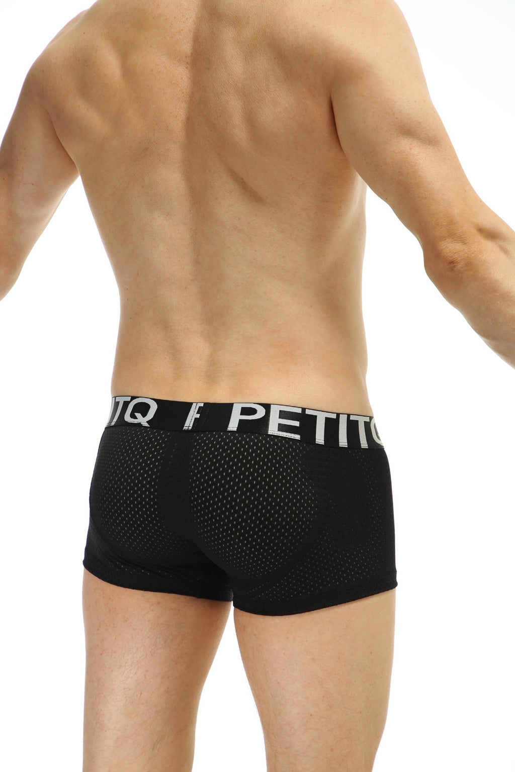 Black mesh boxer briefs with white elastic waistband branded petitq from petitq boxer protruder bee black collection