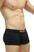 Black mens briefs pettyq boxer protruder recycled black with white petit logo and red q on waistband front view