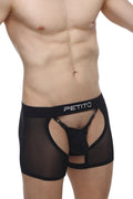 Black sheer mesh briefs with a solid black petitq logo waistband from petitq boxer string garter angy black collection