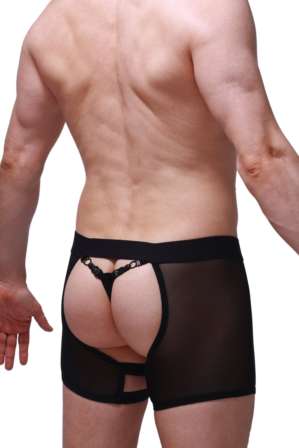 Petitq boxer string garter angy black sheer mesh briefs with solid waistband and metallic hardware back straps view
