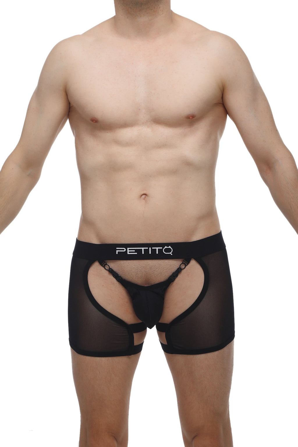 Black sheer mesh briefs with a solid black waistband featuring the petitq brand name in white lettering