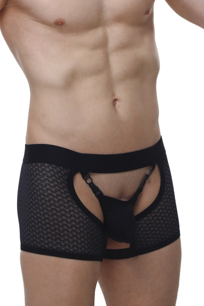 Black mesh briefs with central harness design from PetitQ boxer string garter Angy Macra black collection