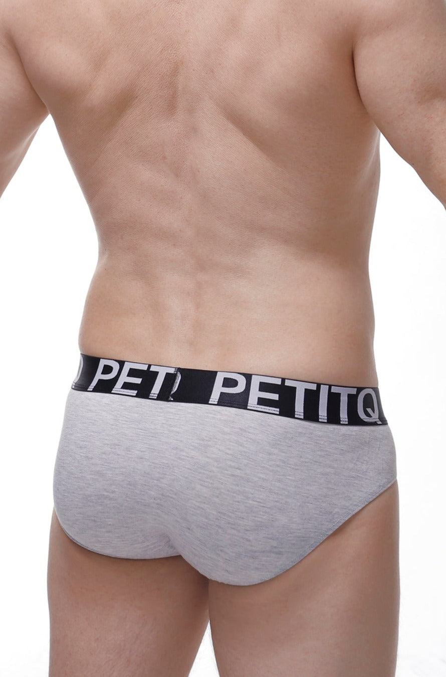Gray heathered cotton briefs with black elastic waistband featuring petitq logo in white modal fabric