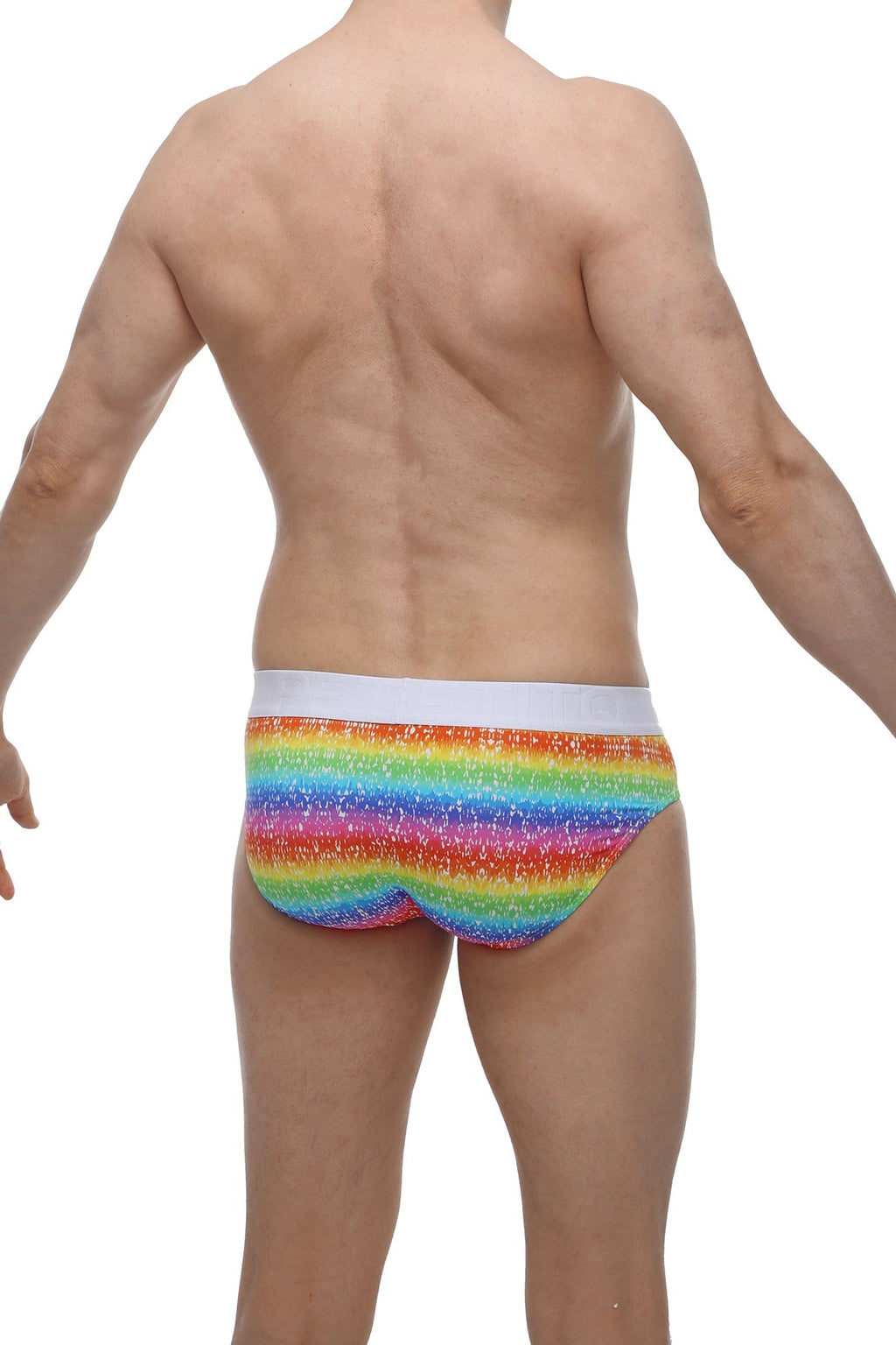 Petitq brief hang rainbow glittery rainbow-striped men’s briefs with white waistband front view