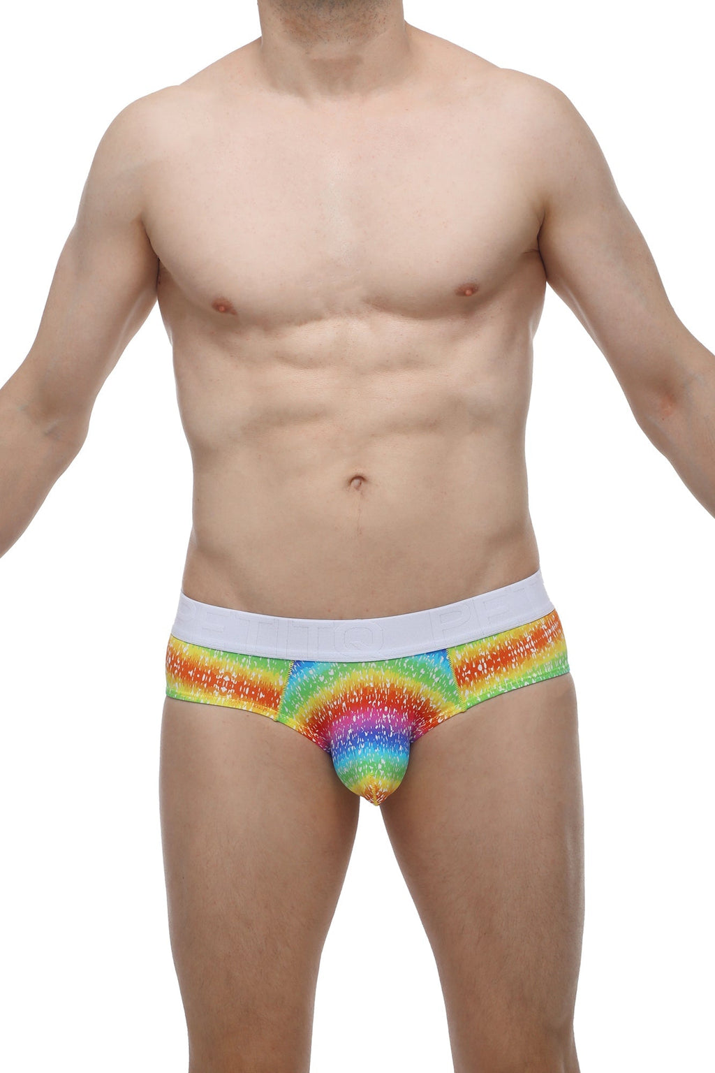 Rainbow glitter briefs with white waistband by petitq featuring vibrant colors and shimmering fabric for festive wear