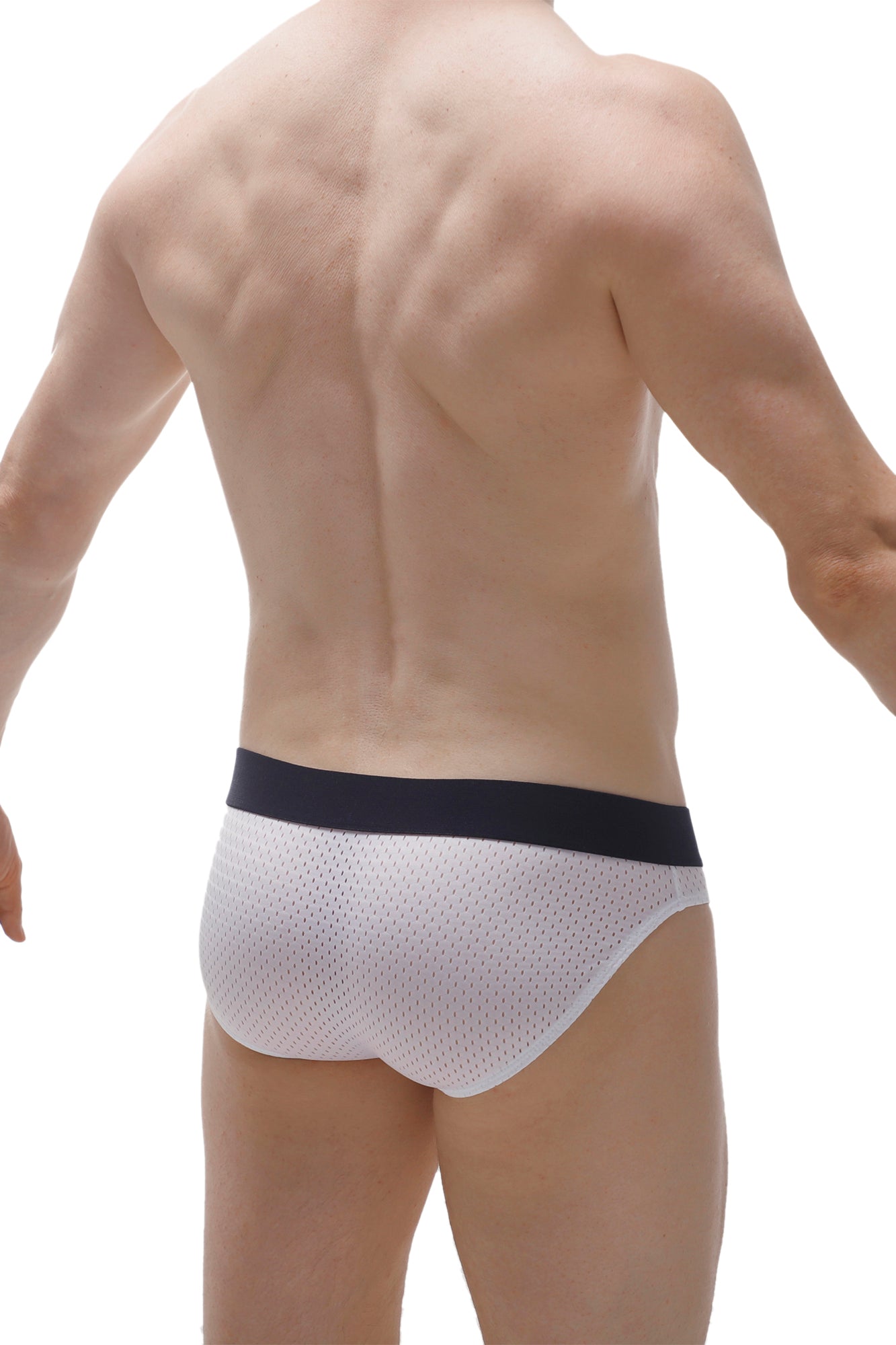White mesh briefs with black elastic waistband by PetitQ featuring breathable Steaux Bee white fabric design