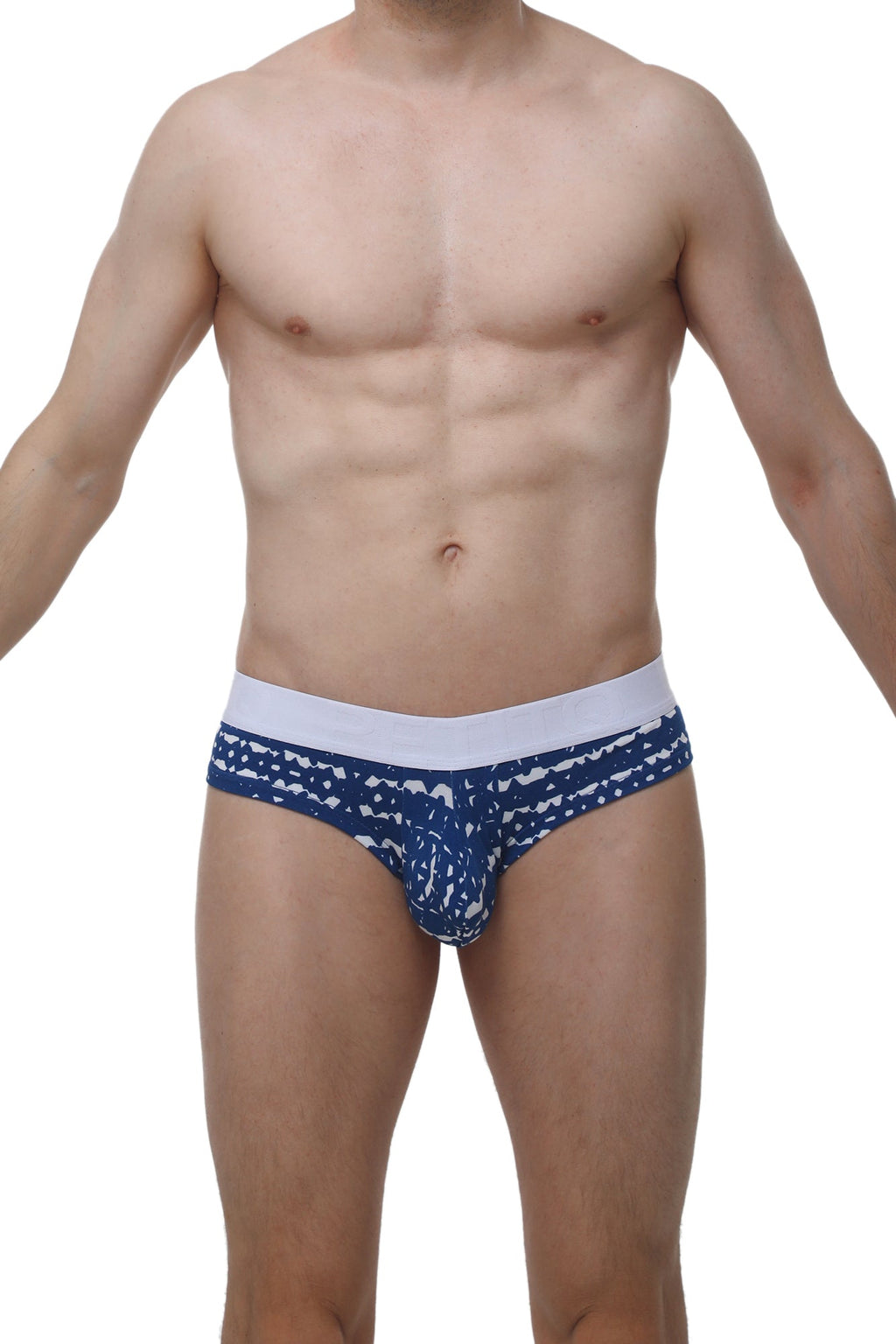 PetitQ cheeky brief new denim blue and white patterned men’s briefs with solid white waistband front view