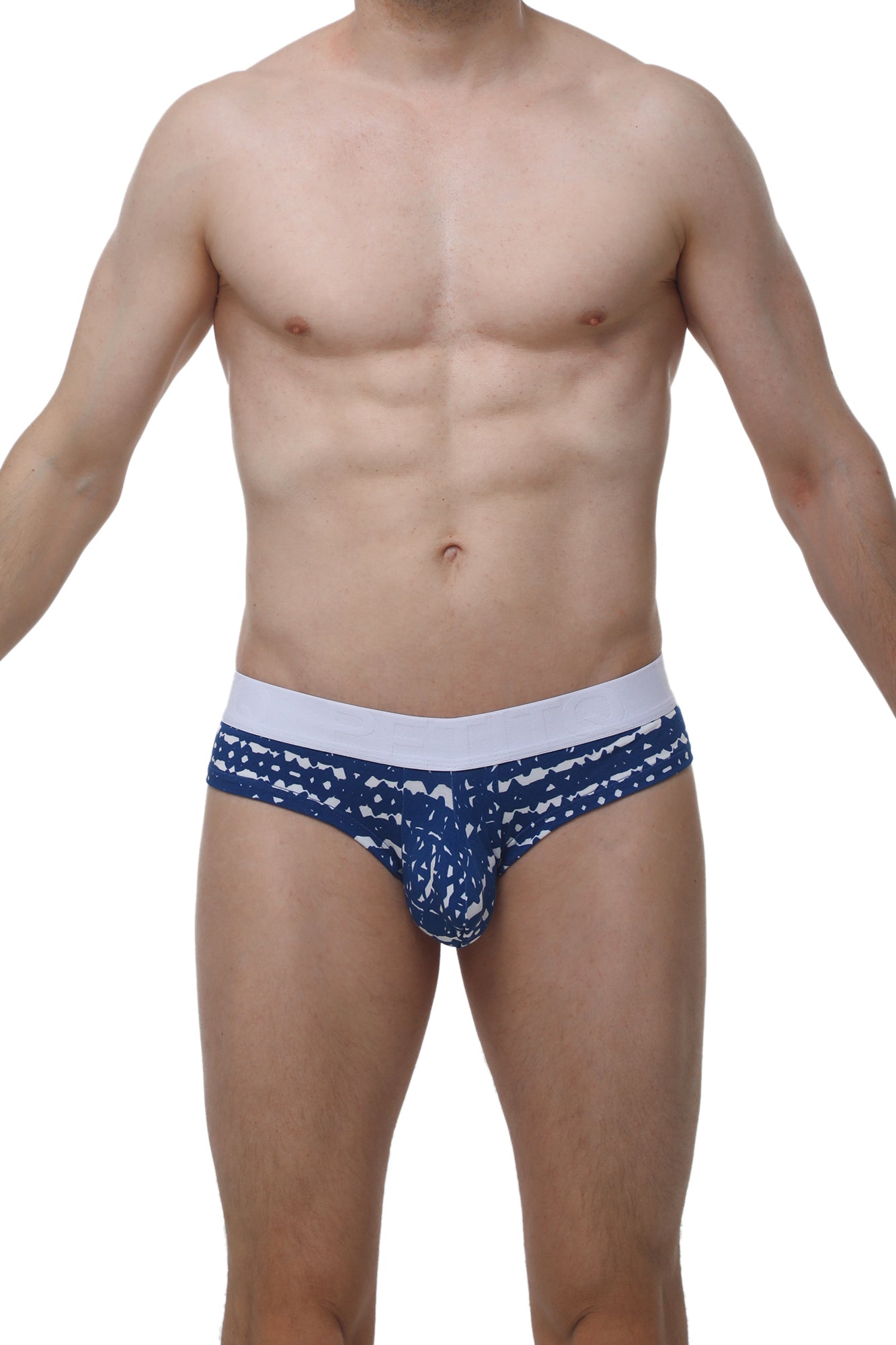 PetitQ cheeky brief new denim blue and white patterned men’s briefs with solid white waistband front view