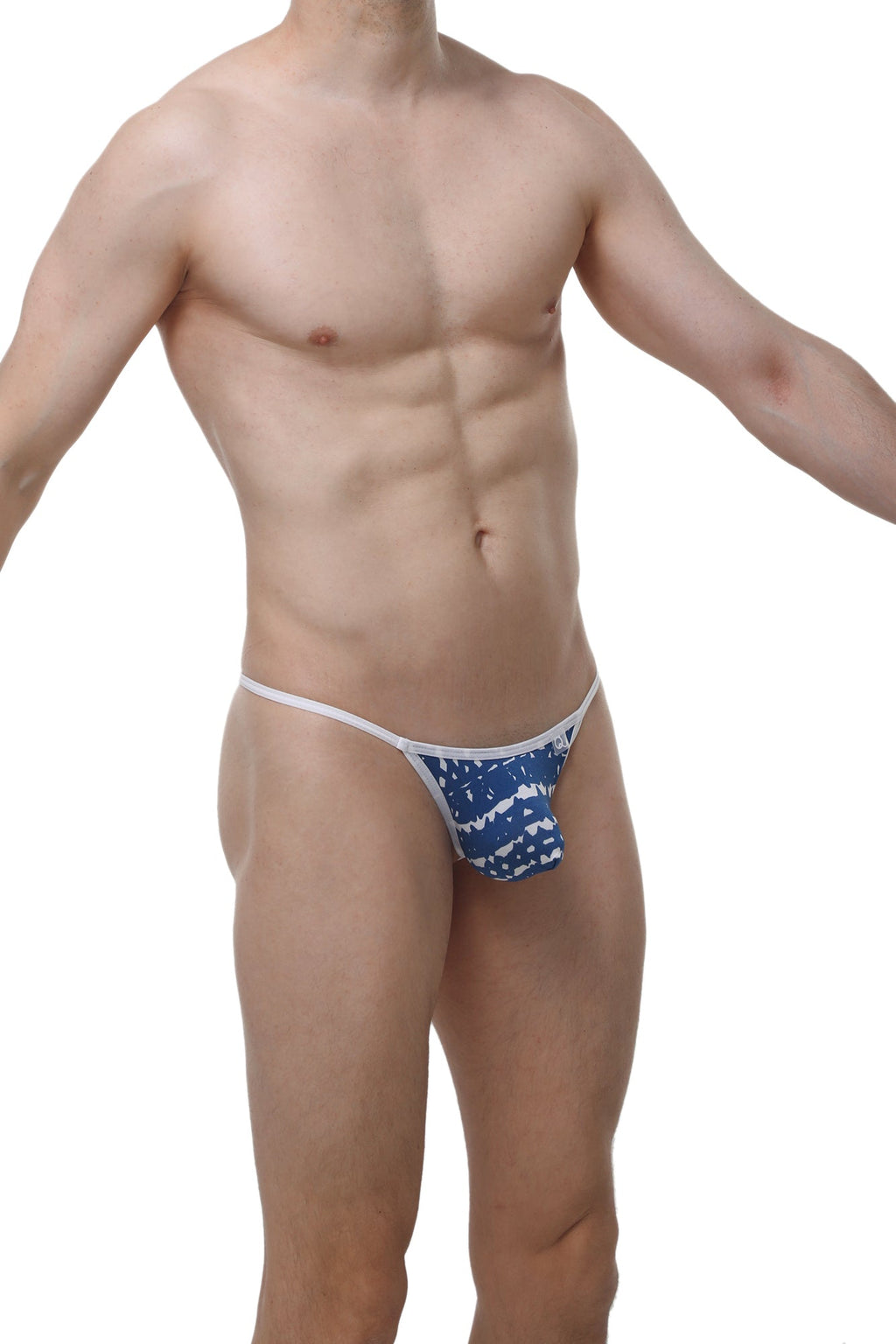 Blue and white patterned petitq g-string herat new denim thong with thin matching waistband displayed from front