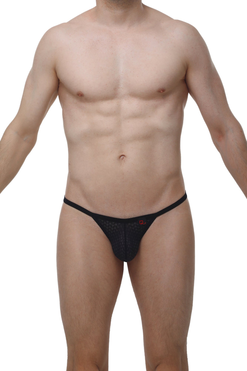 Black mesh thong petitq g-string chely macra with a small red logo on the front