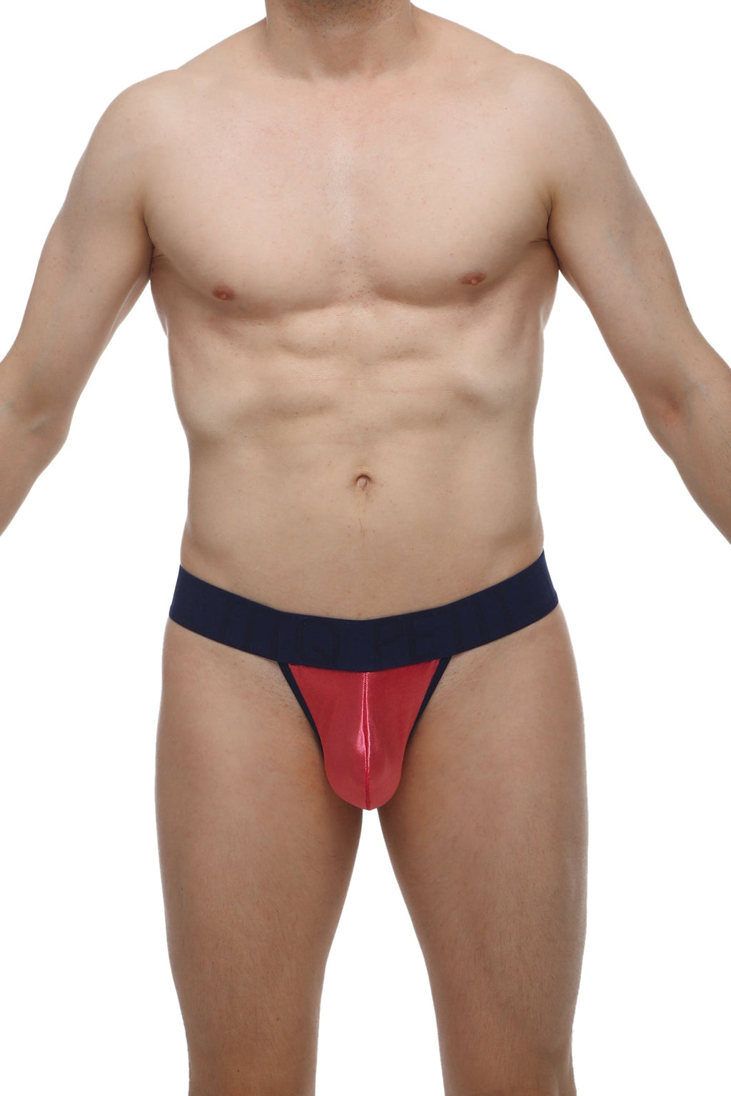 Red and navy blue glossy latex thong by petitq from the g-string saleon satin pink collection shown from the back