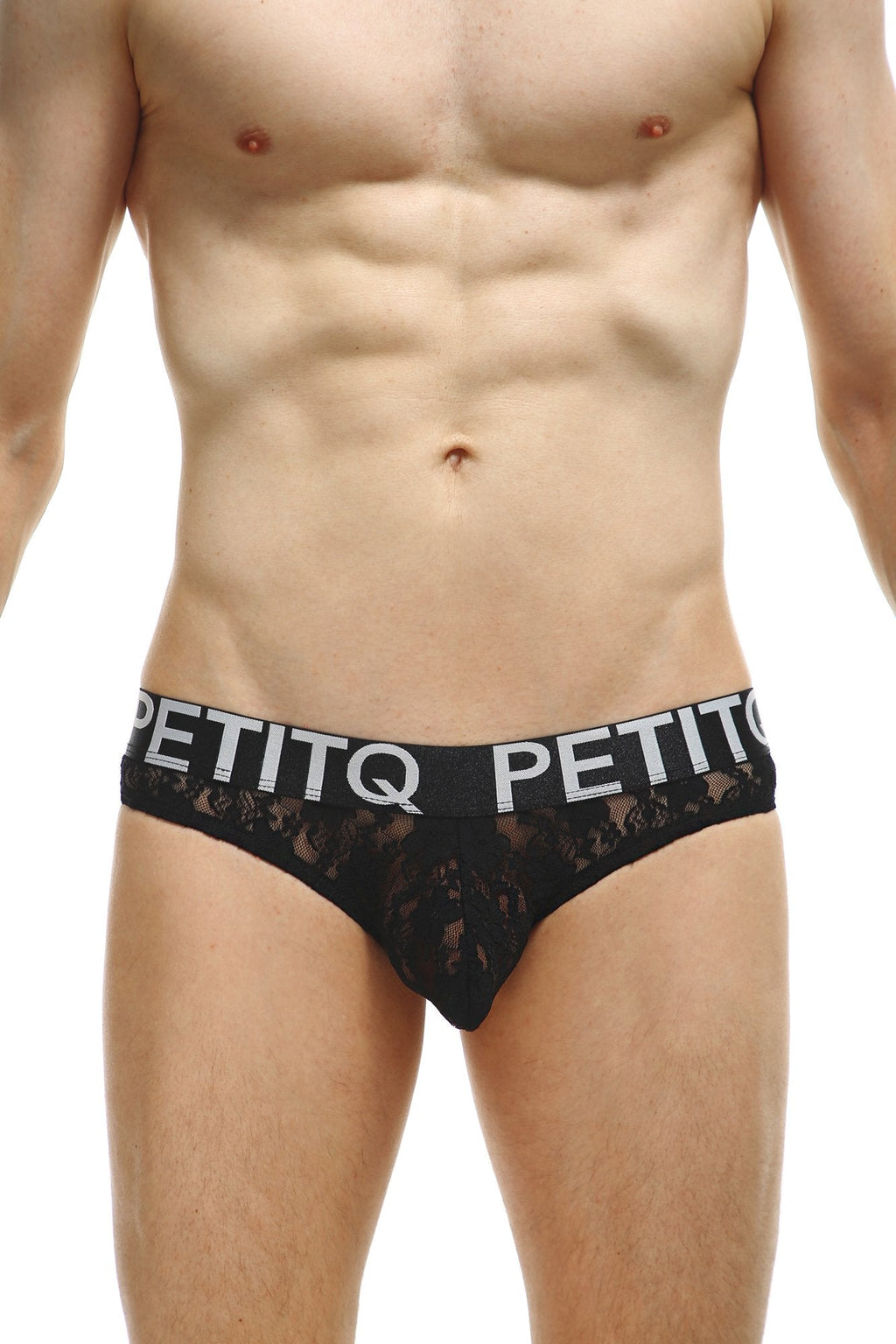Black lace men’s jockstrap underwear in black with a petitq branded waistband in white lettering