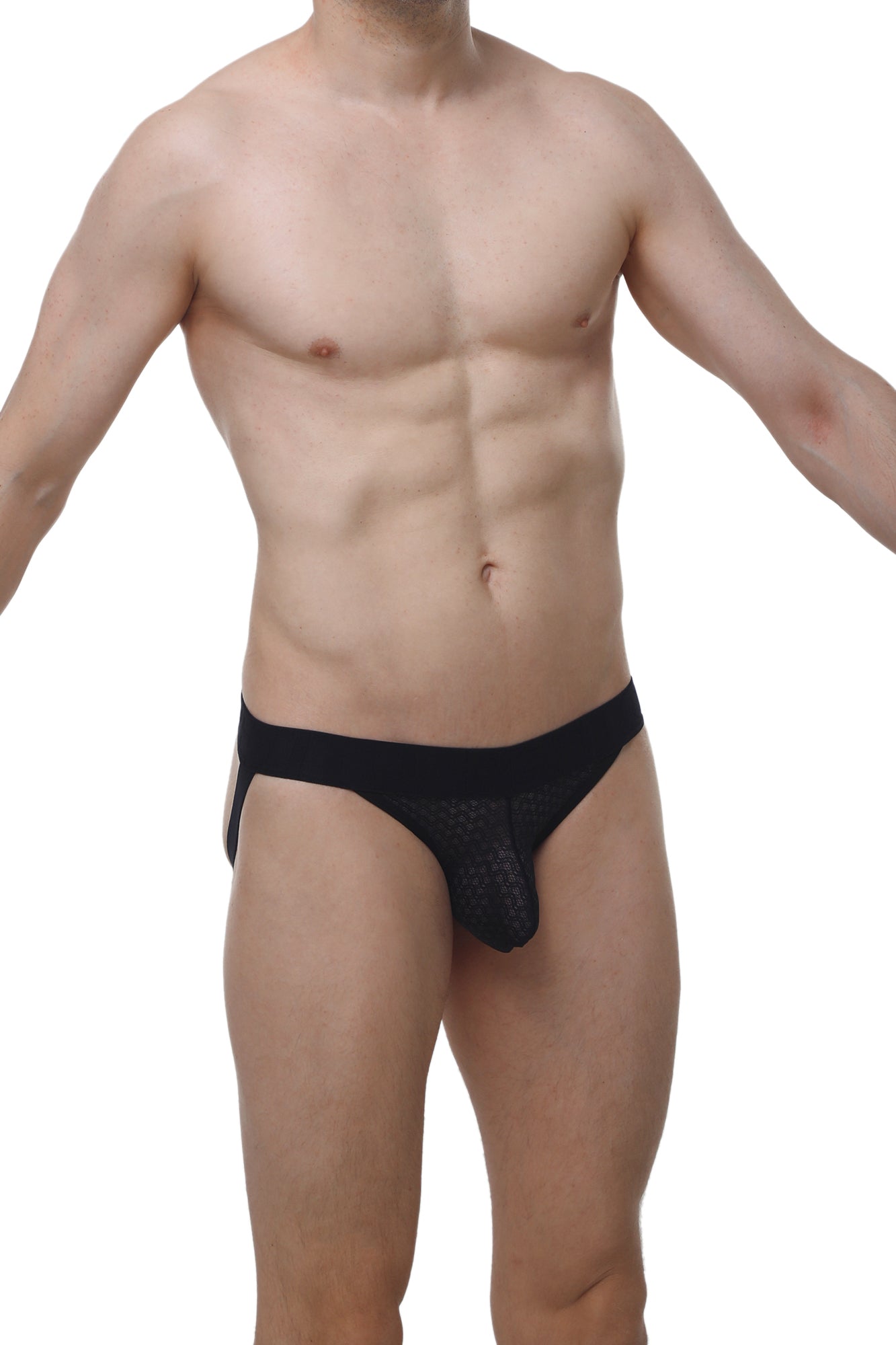 Black mesh briefs with solid black waistband from PetitQ jockstring Macra black showing front view