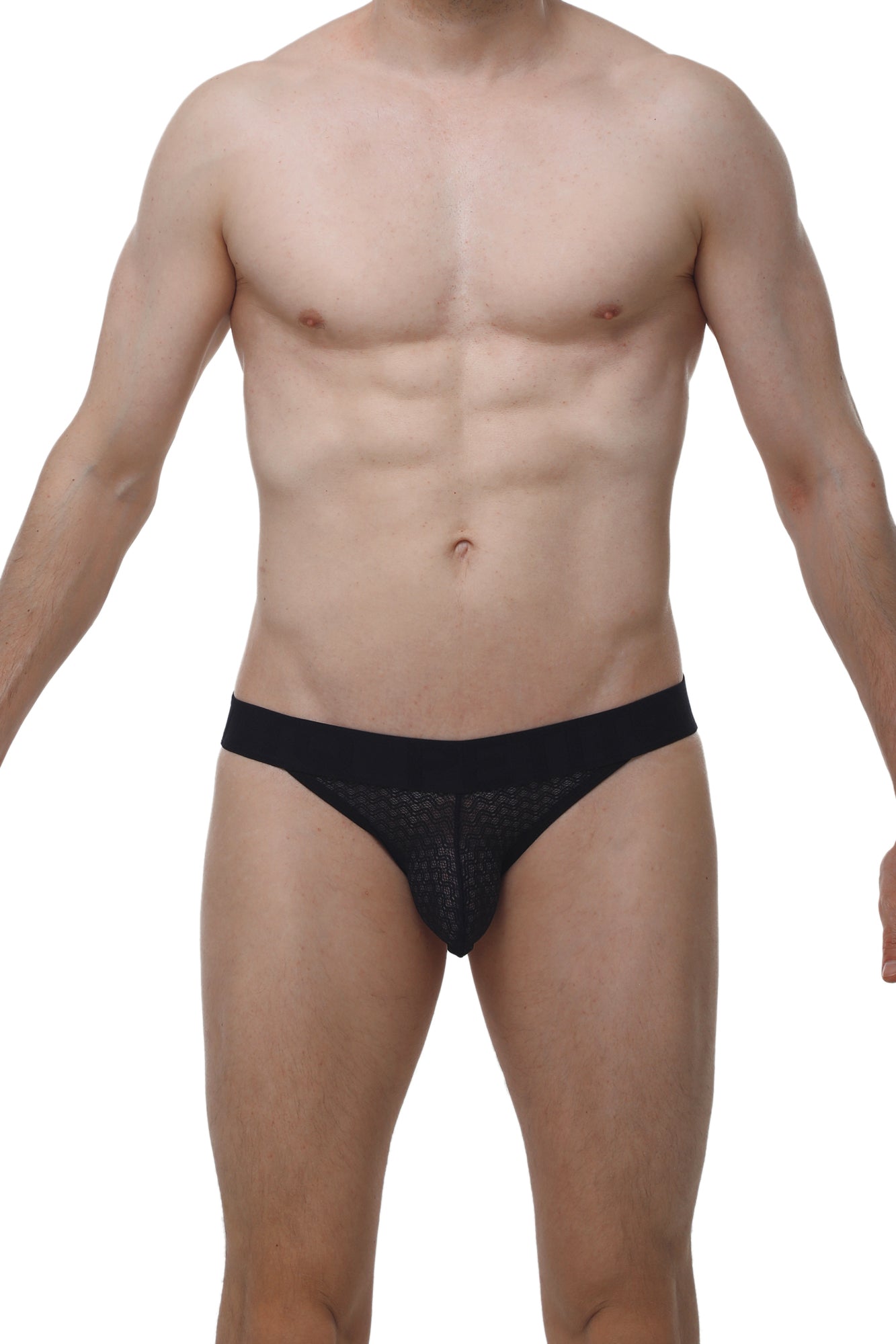 PetitQ jockstring macra black lace-trimmed briefs with sheer textured fabric and solid waistband front view