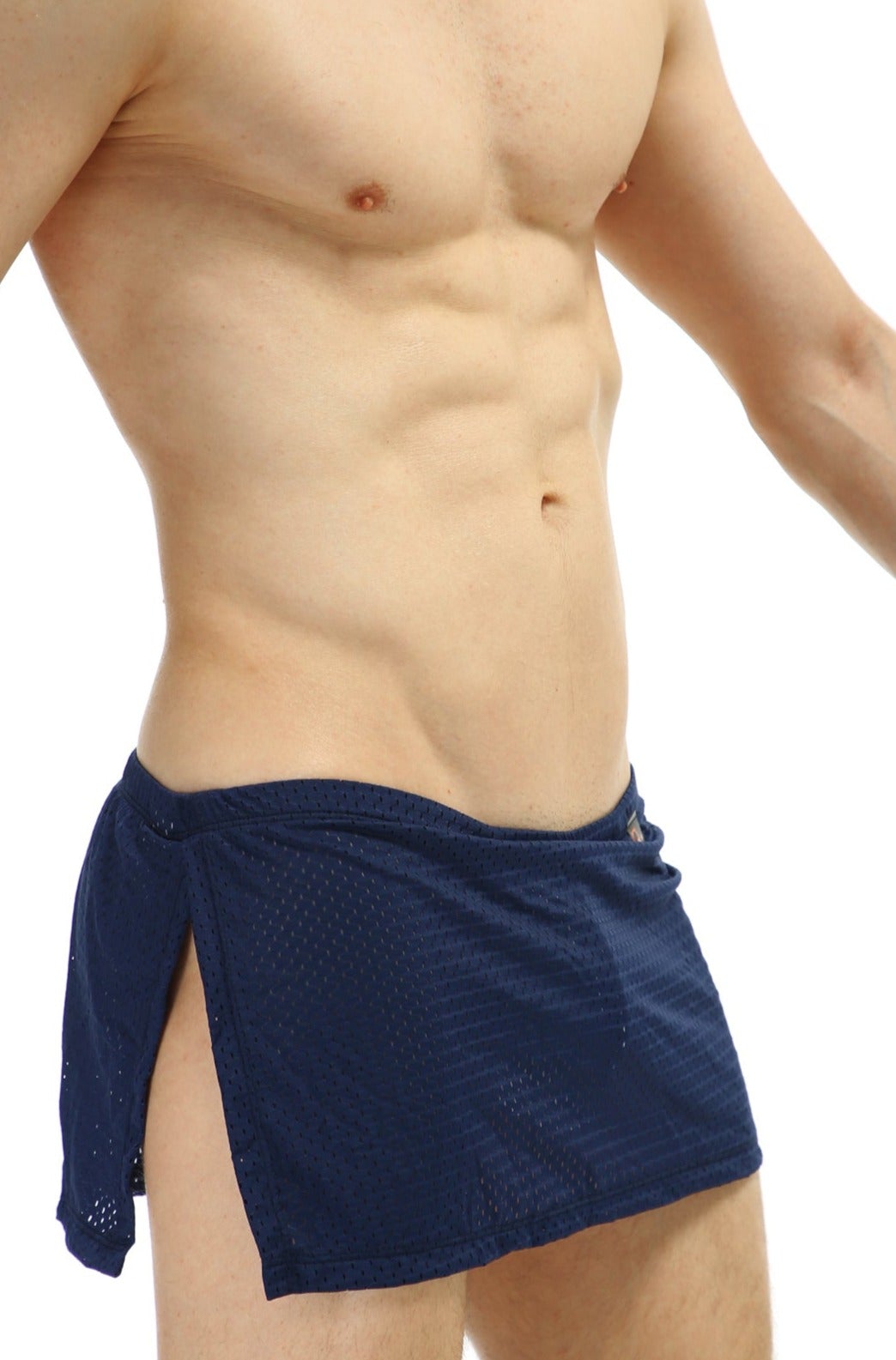 Navy blue mesh fabric wrap-around petitq loincloth bee shorts with side slits and tied closure featuring jockstrap