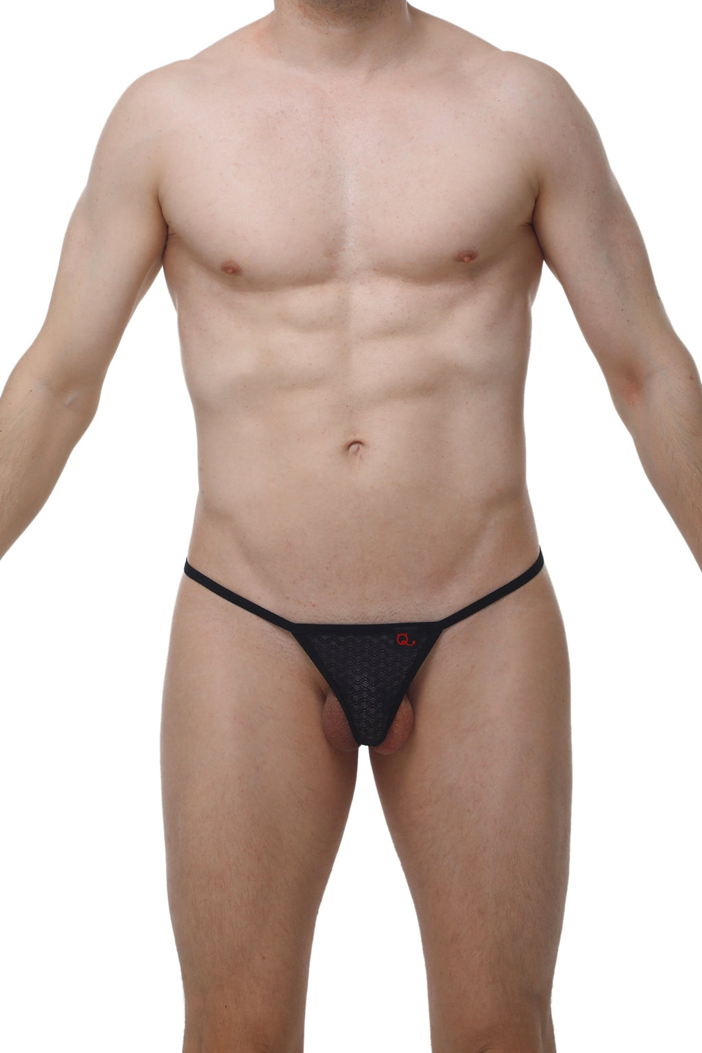 PetitQ micro G-string Macra black black mesh thong with small red logo on the front for minimal coverage