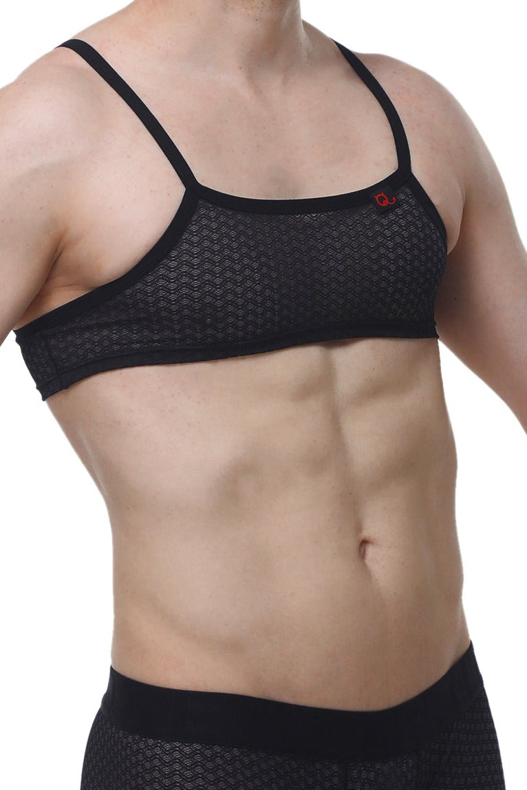 PetitQ micro tank Macra black black mesh sports bra with thin straps and small red logo on upper right side