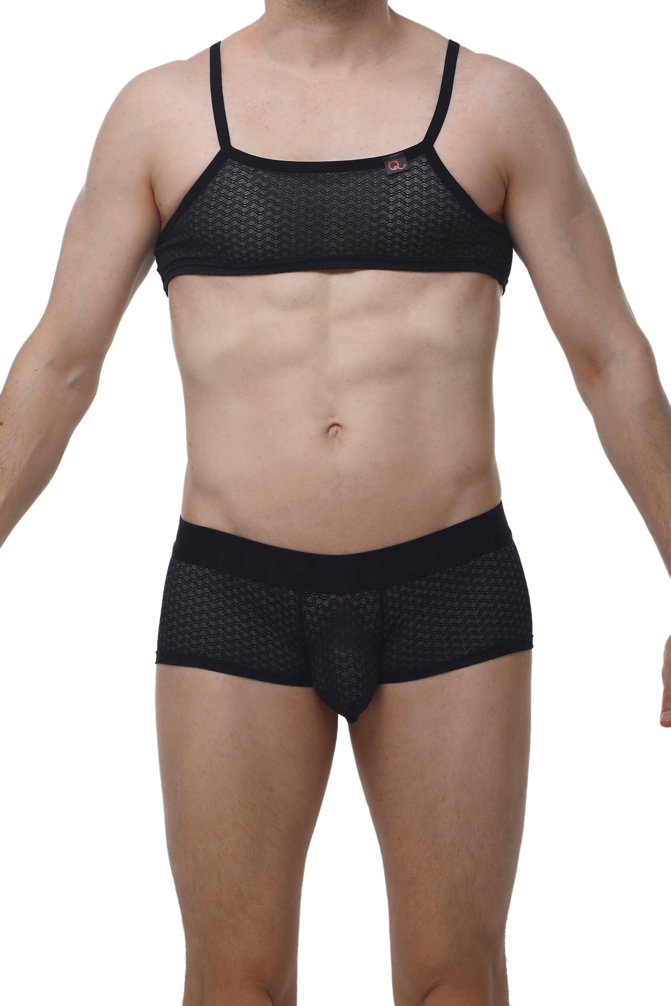 PetitQ micro tank macra black mesh bra and matching briefs set with thin straps and textured pattern