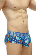 Blue petitq mini boxer double pride men’s briefs with vibrant rainbow hearts and pride text pattern