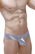 PetitQ mini boxer satin silver briefs in silver metallic with shiny finish and small red logo on waistband