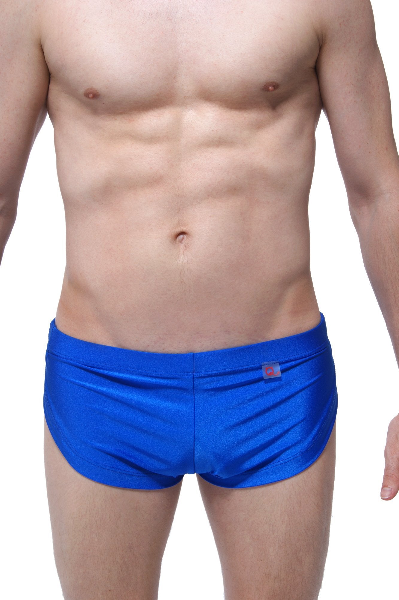 PetitQ running shorts blue made of smooth shiny bright blue fabric with a small red logo on the waistband