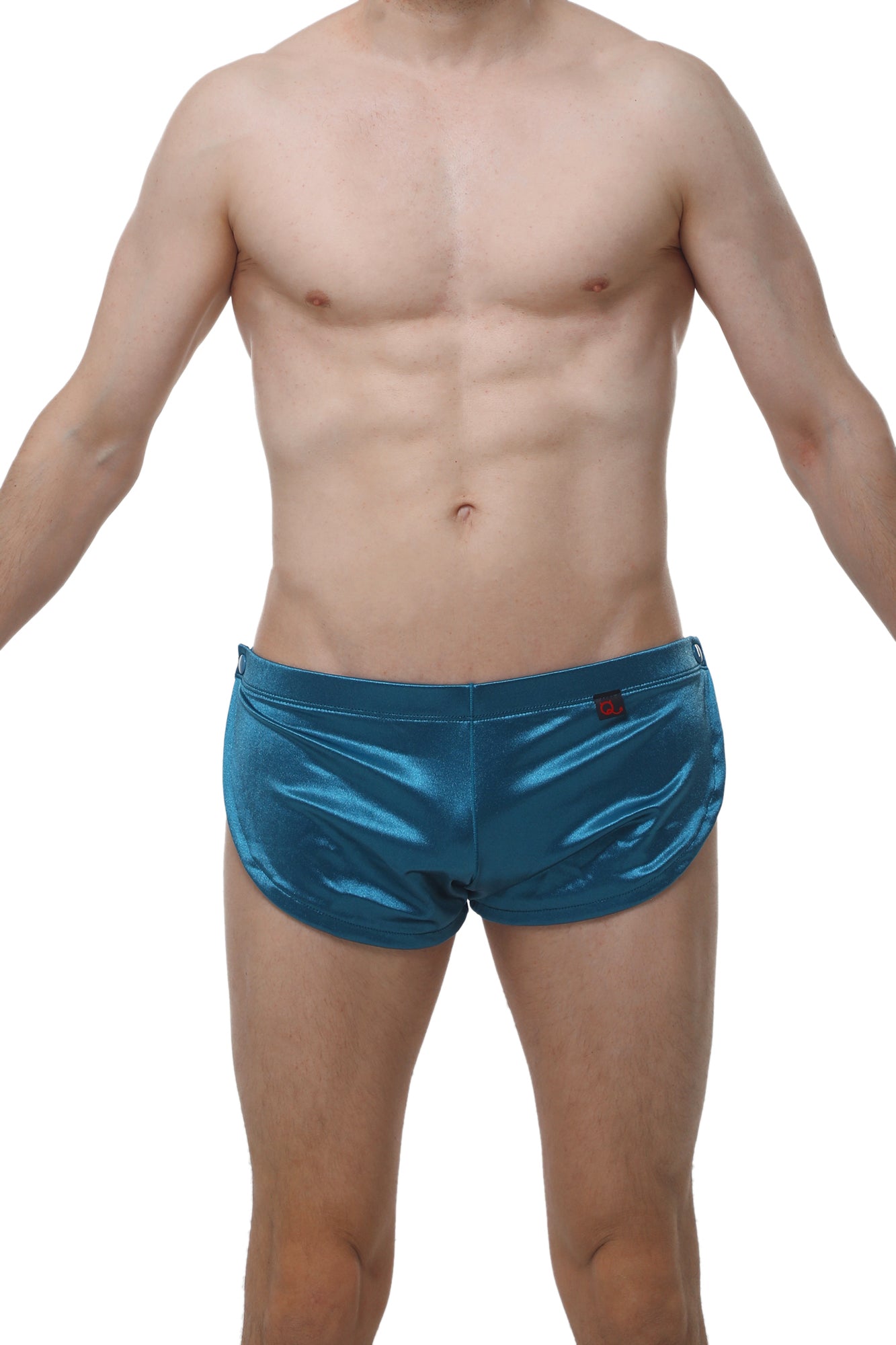Shiny teal metallic swim trunks made from satin fabric by petitq shorts snap satin teal