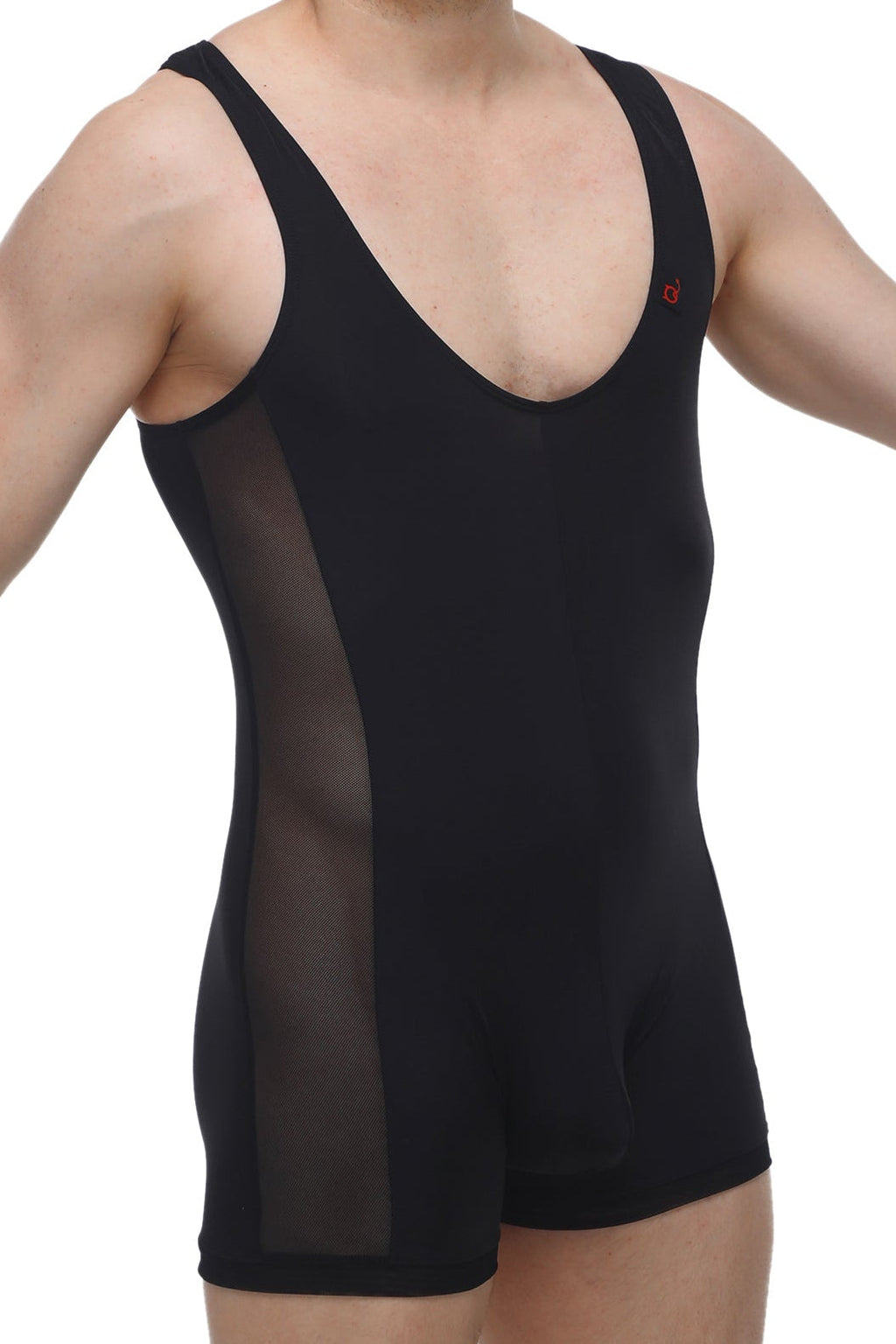 Black sleeveless athletic bodysuit petitq singlet atchy black with sheer mesh side panels for breathability