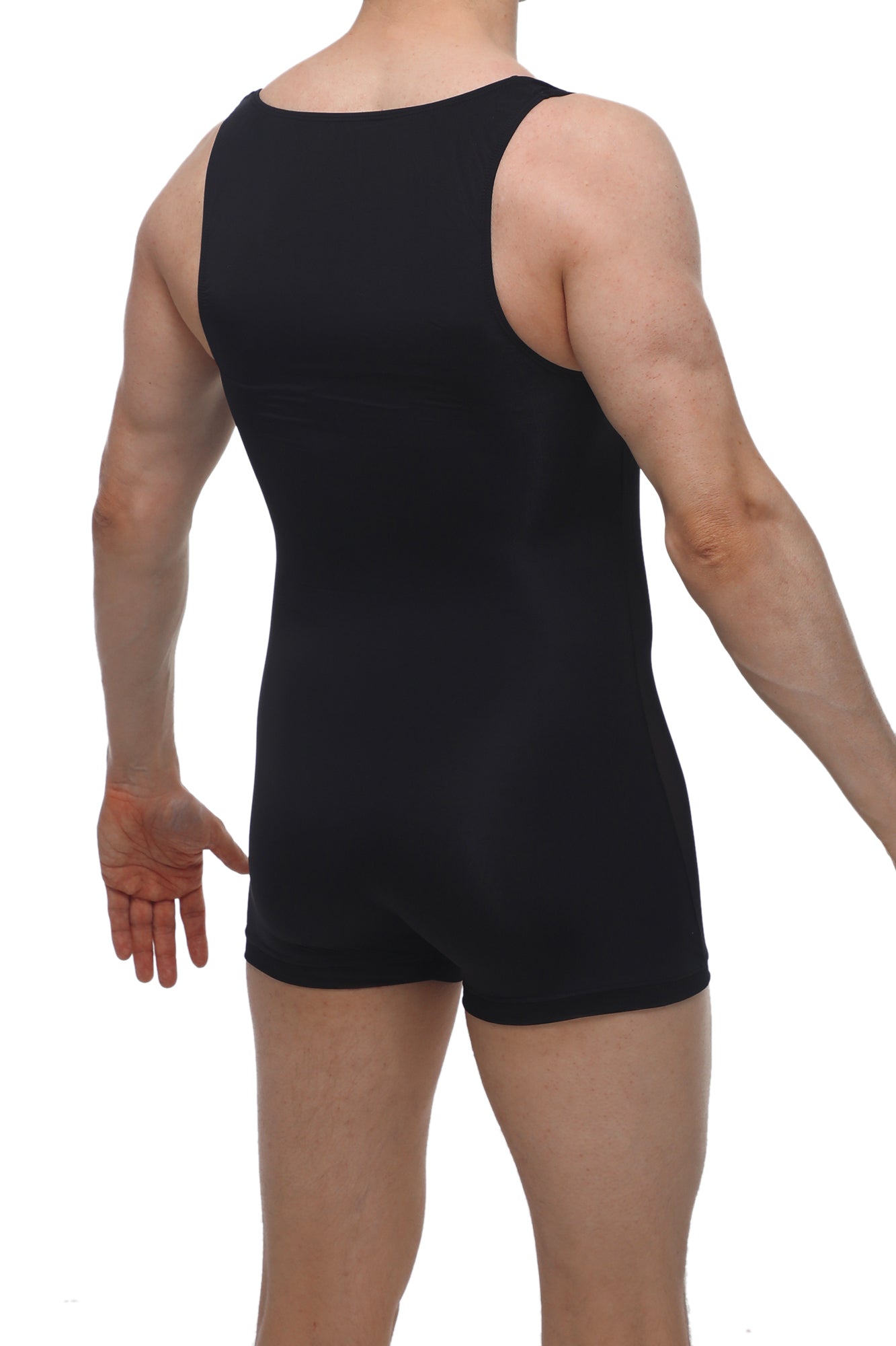 Black sleeveless athletic one-piece with snug fit and short legs petitq singlet atchy black front view