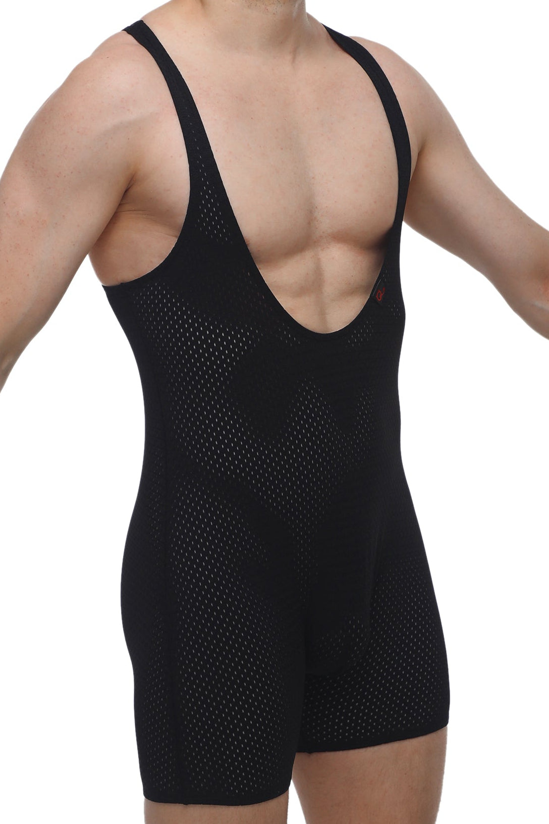 Petitq singlet bee black black mesh athletic bodysuit with deep v neck and wide shoulder straps