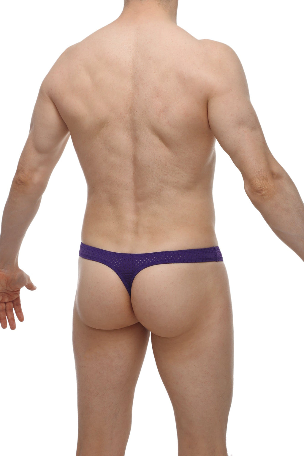 Purple petitq thong arkeuil bee with textured perforated design shown from the back side