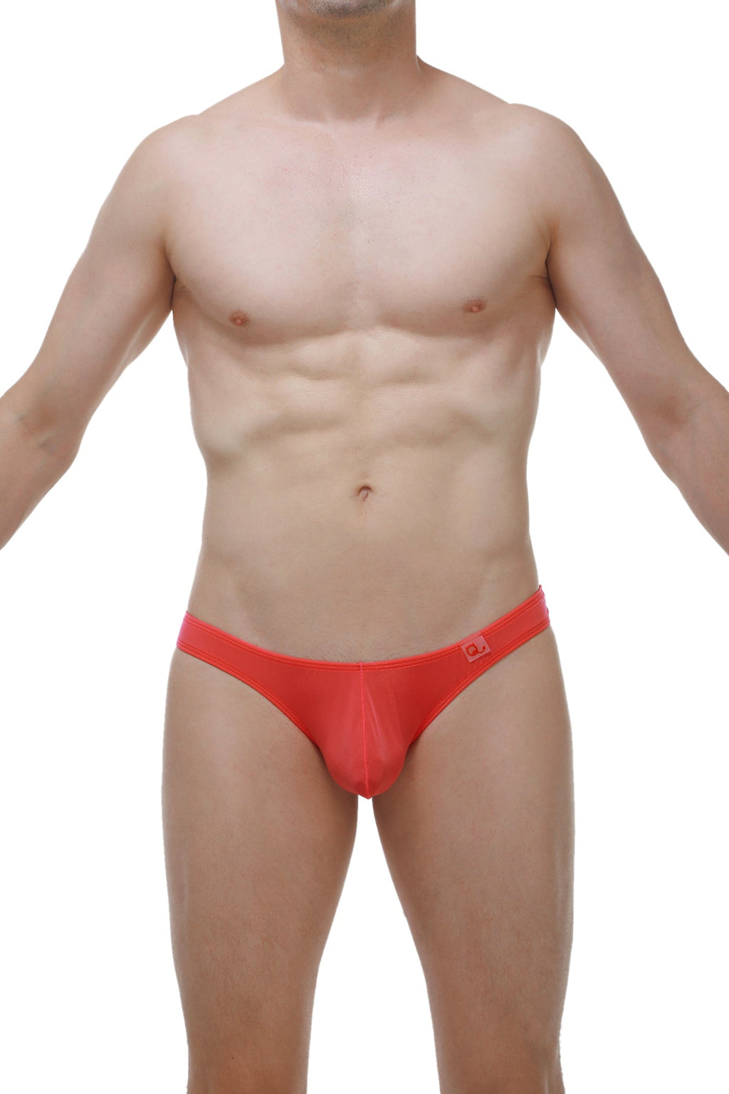 Bright red petitq thong bulan plum crimson with form fitting design and subtle logo on waistband for men